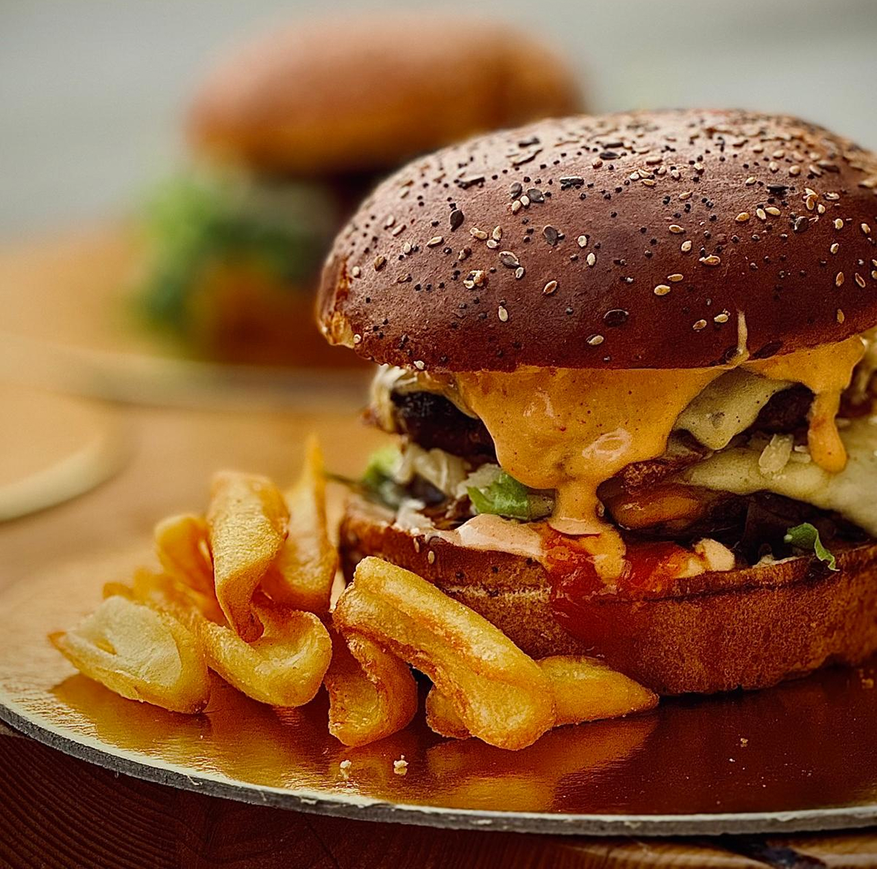 Cheesy hamburger with frenchfries